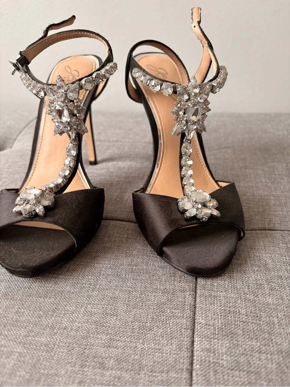 Black T-Strap Crystal Embellished Women's Heels